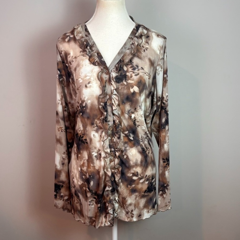 LOGO Layers Womens Brown Floral Semi-Sheer Button up Ruffle Blouse sz 1X NWOT